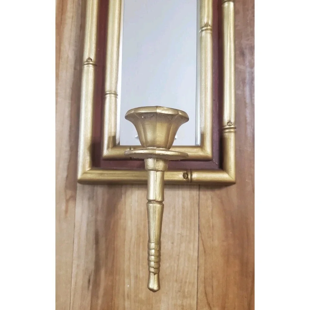 Vintage Hollywood Regency Gold Tone Red Bamboo Wall Sconce Candleholder